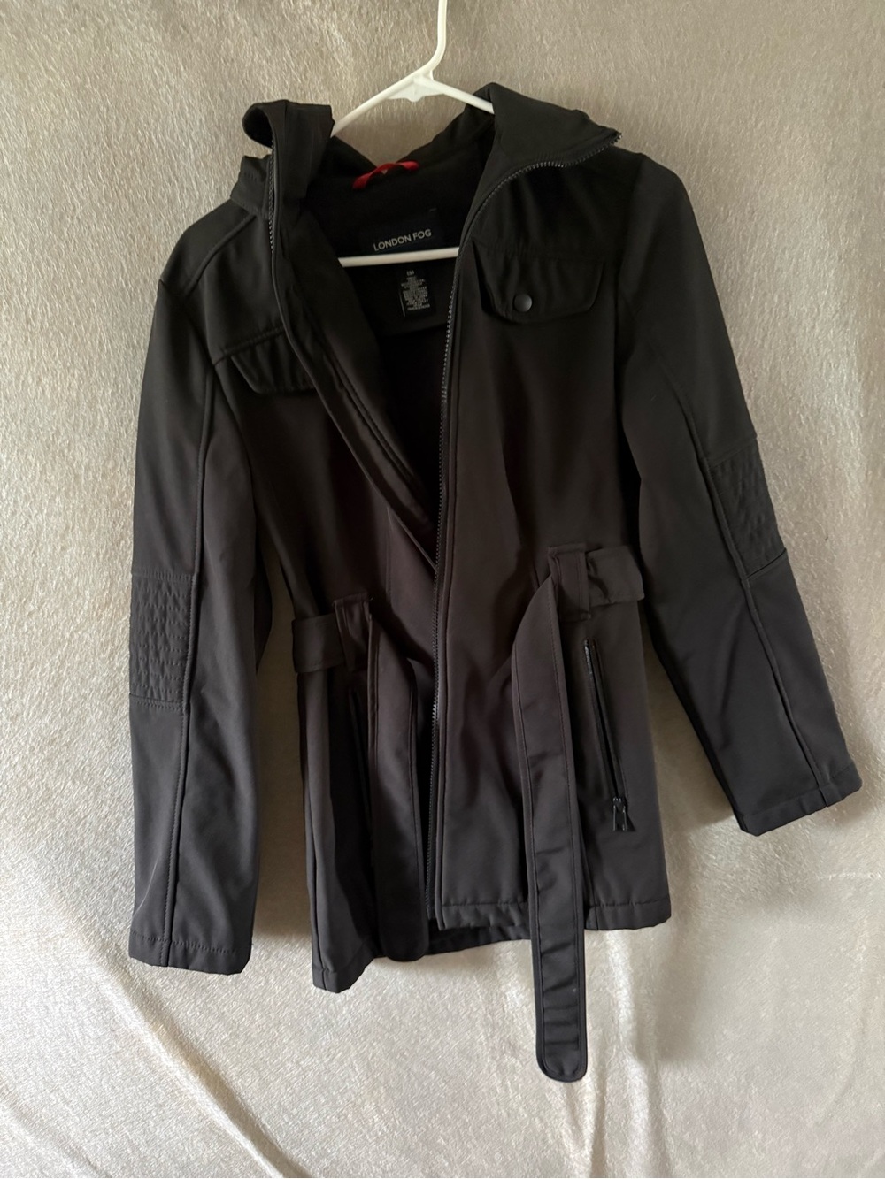 London Fog Black Hooded Utility Jacket with Belt